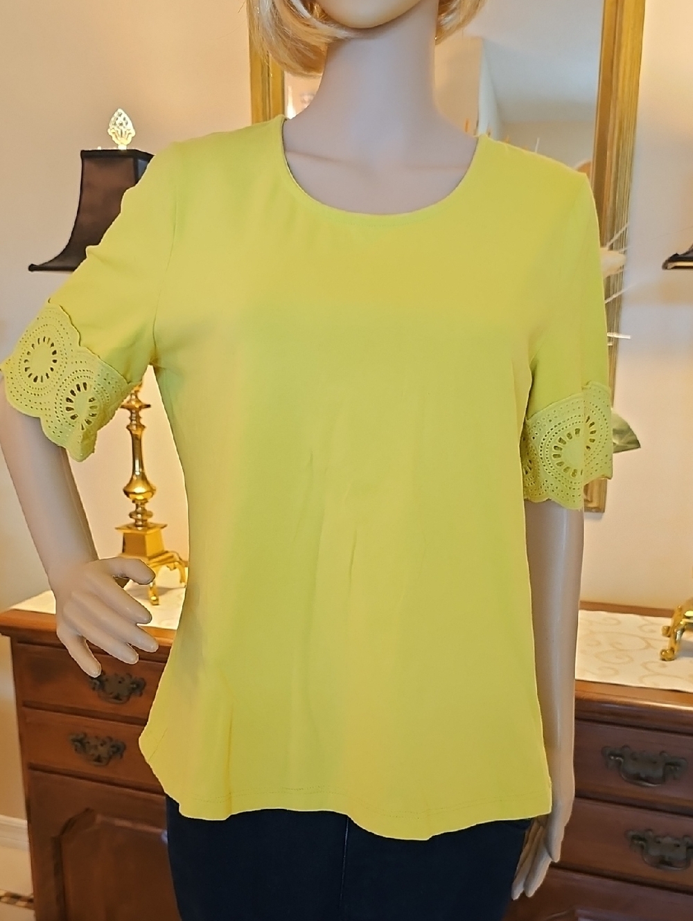 Denim & Co Perfect Jersey Scoop Neck Top with Lace Trim